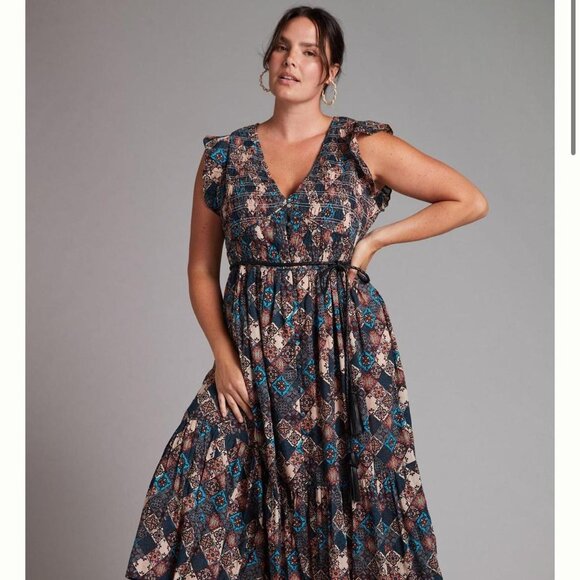 Anthropologie Dresses & Skirts - Anthropologie Smocked Ruffle Peregrine Midi Dress Turquoise Patch XL